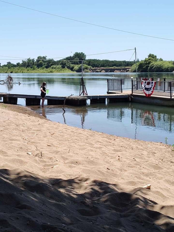 A child stands at the edge of a sandy beach near a small dock decorated with a red, white, and blue bunting, next to a calm river under a clear, sunny sky.